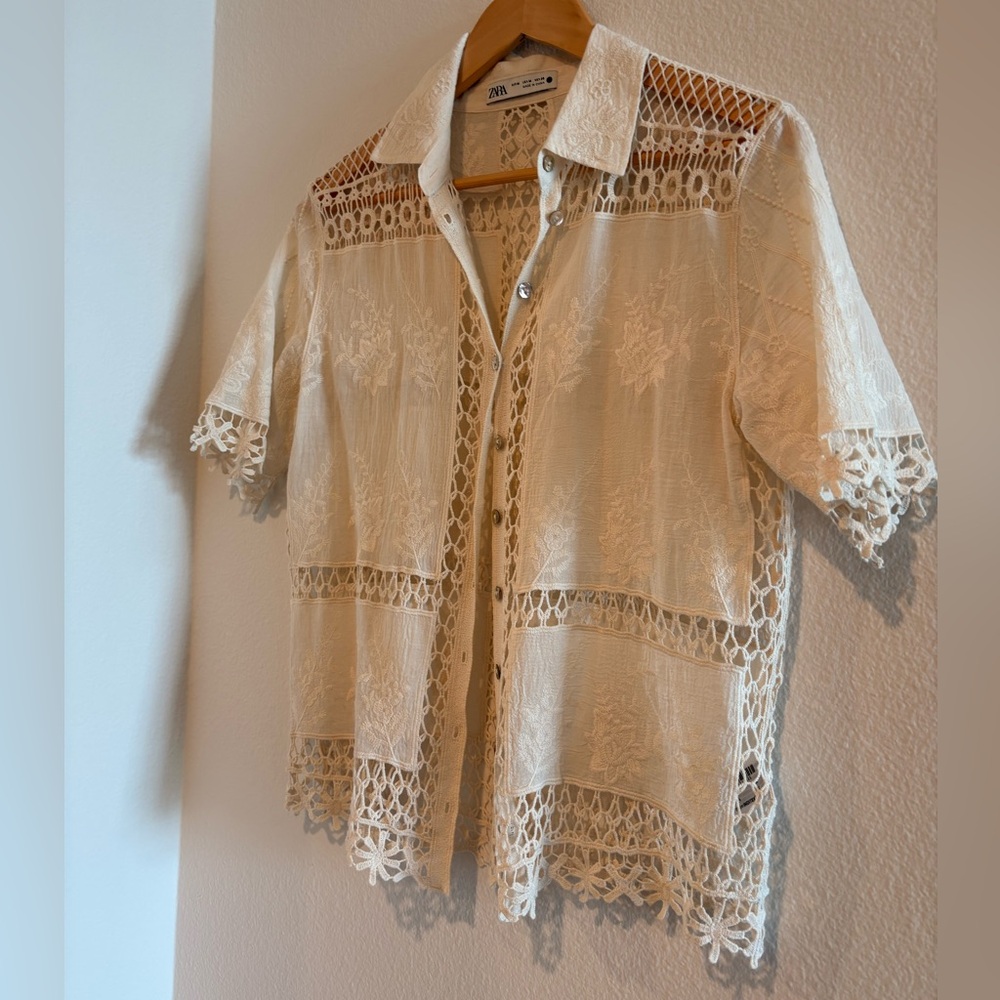 Zara Cream Lace Button-Up Top